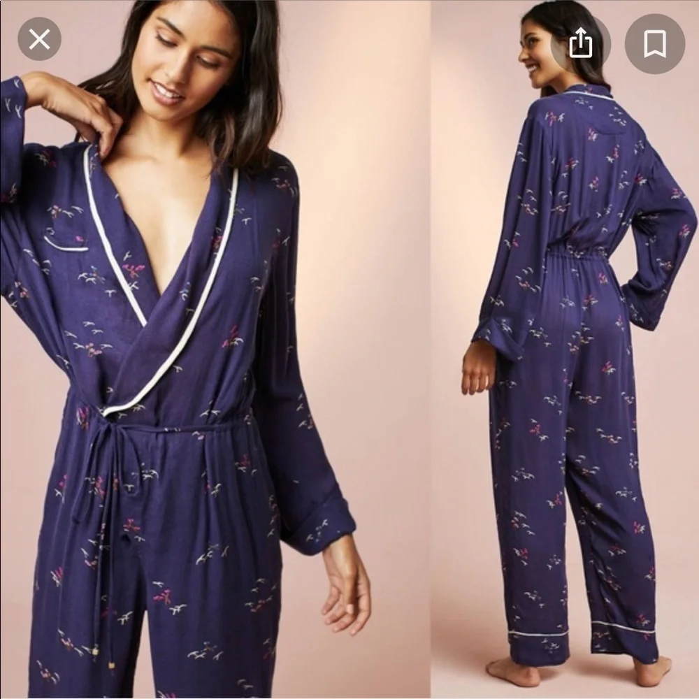 Anthropologie Floreat Pajama Jumpsuit Bird Print Jumpsuit S